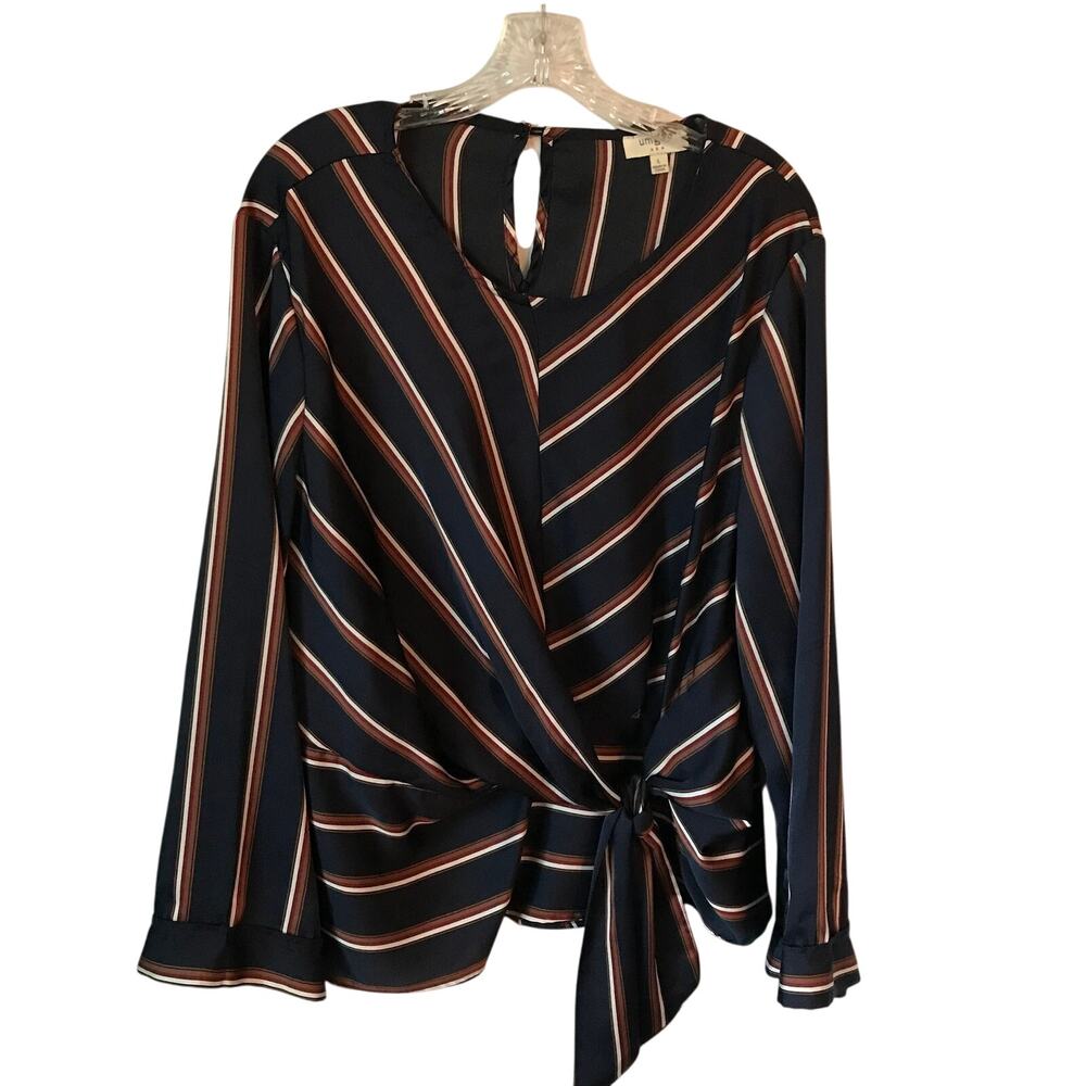 Umgee Blouse Large Womens Striped Navy Long Sleeve Bow Tie Waist Wide Sleeves L